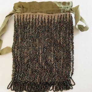 Antique ART DECO PURSE Green Beaded Bag w/ Drawstring Cosplay Gorgeous